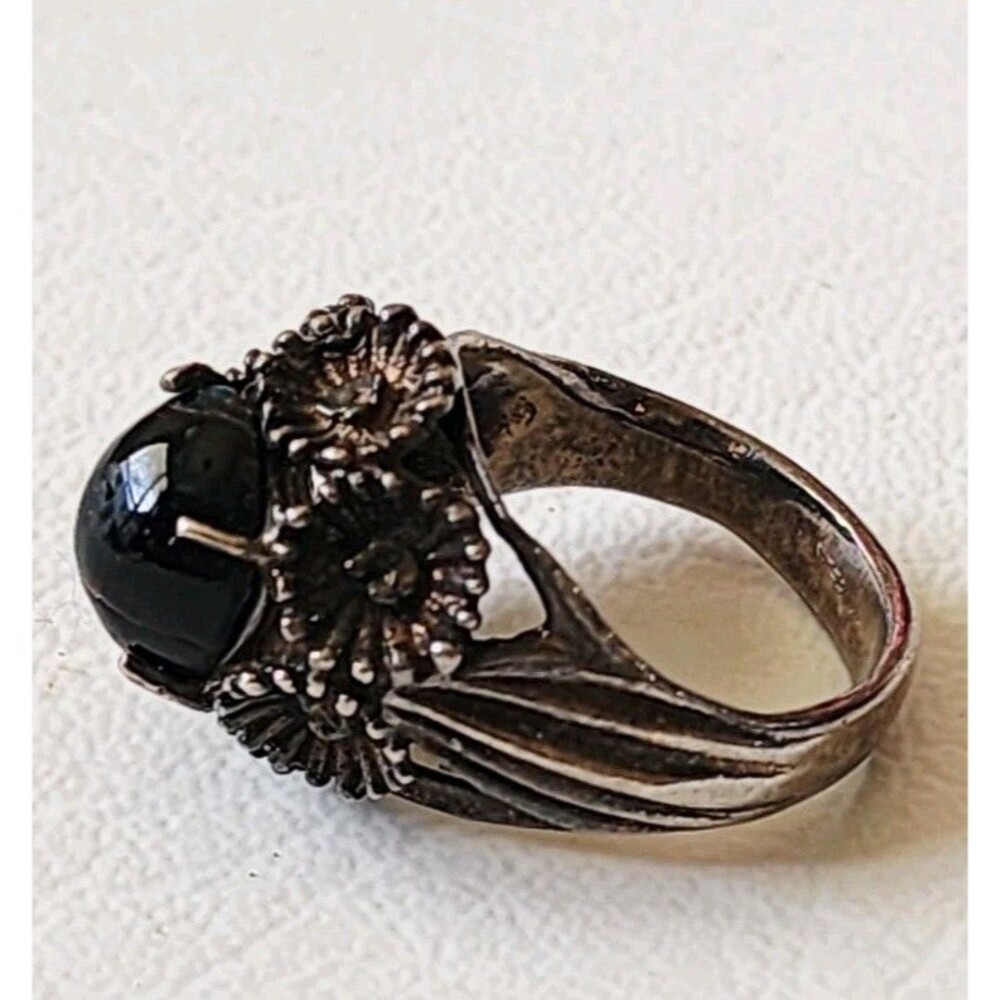 Vintage Sterling Silver Onyx Dasy Flower Ring Size 7.5 Statement